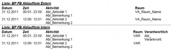 Veranstaltungsblätter Listenwesen Ablauflayout
