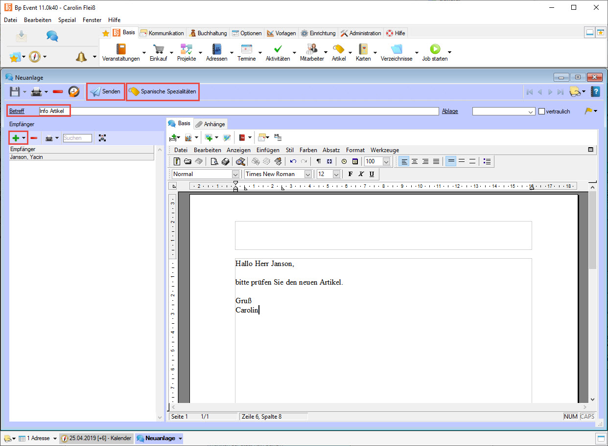 A4 S6 interne Nachricht